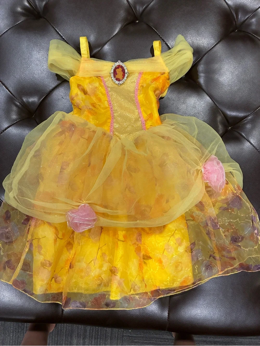 Disney Belle Yellow Princess Tulle Dress with Pink Rose Accents